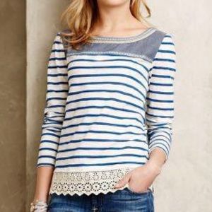 Anthropologie Little Yellow Button Shiloh Striped Tee w Lace Embroidery